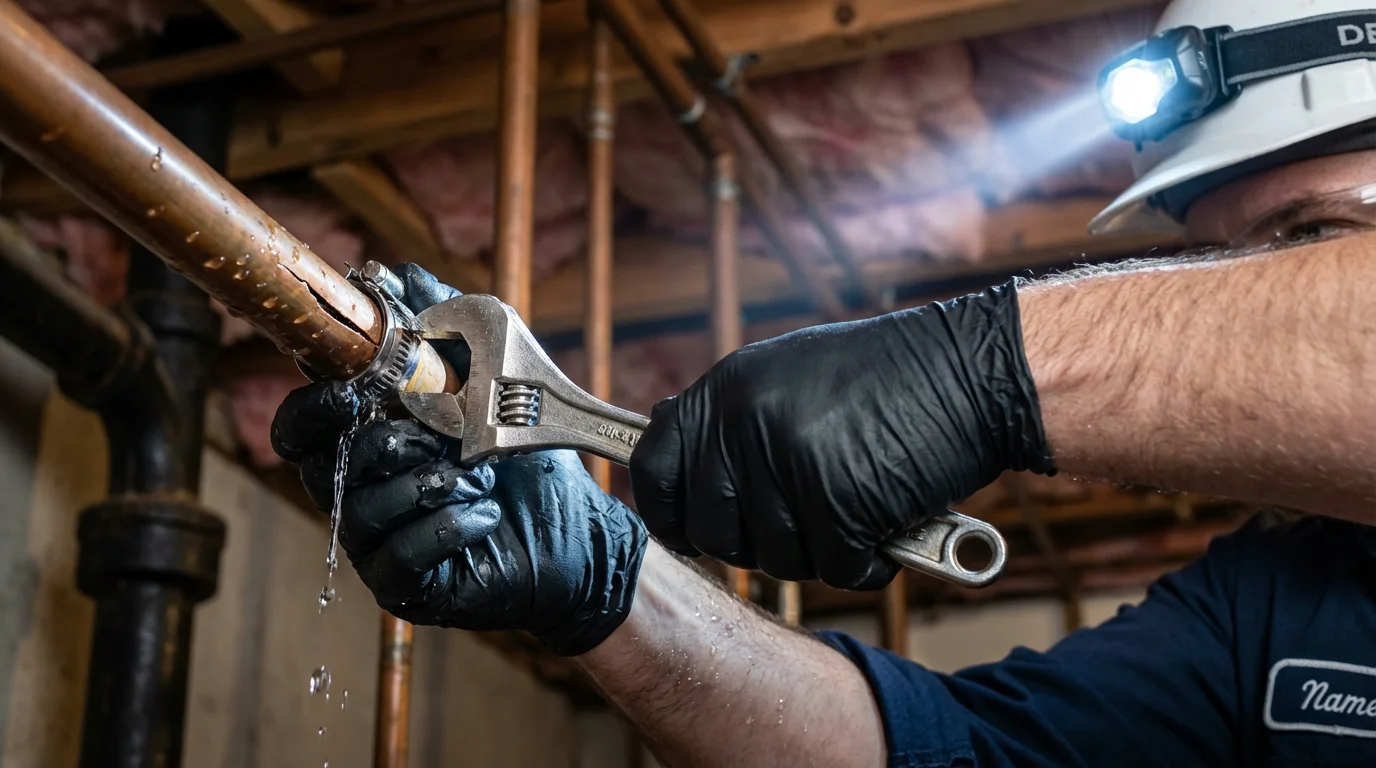 Emergency pipe clamp repair being performed by a Johns Plumbing LLC plumber in Amelia Court House
