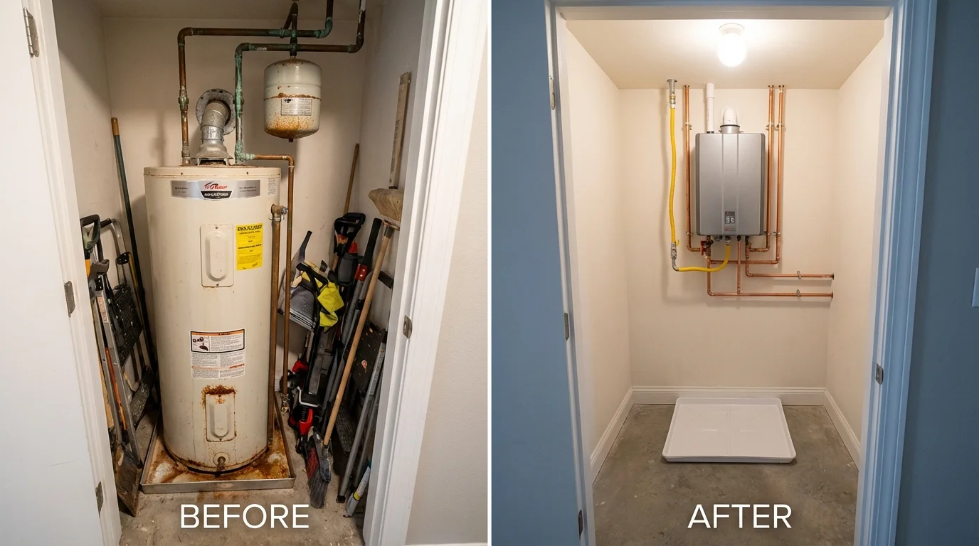 Tank water heater versus wall-mounted tankless unit comparison for Amelia Court House, VA homeowners