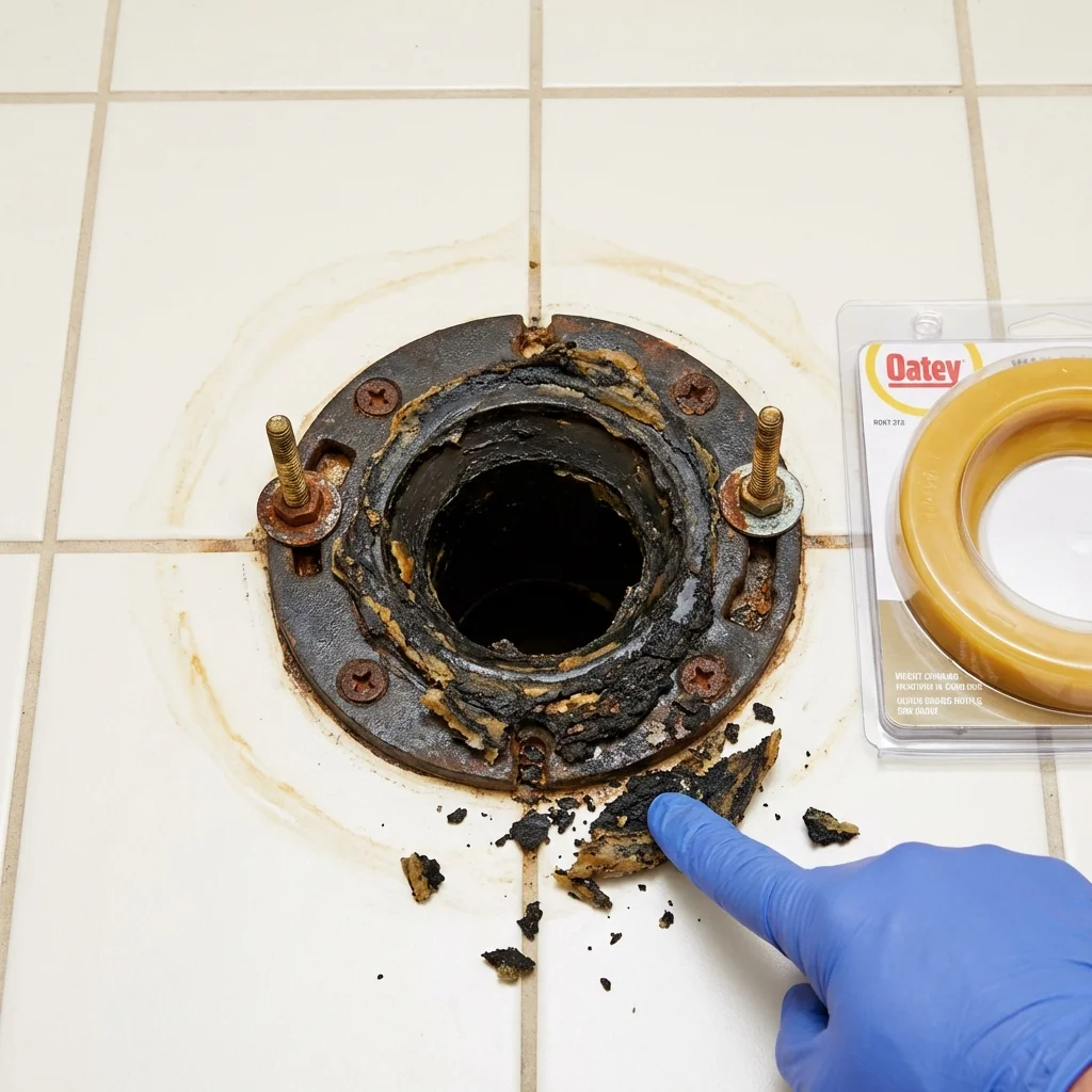 Failed wax ring showing water seepage at the base of a toilet in a Amelia Court House, VA home