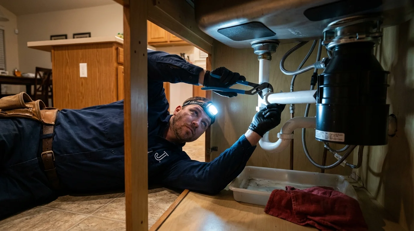 P-trap and supply line connections under a kitchen sink showing a common leak point in Amelia Court House, VA